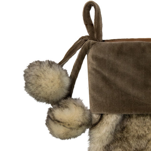20.5" Brown Plush Christmas Stocking with Corduroy Cuff and Pom Poms