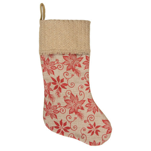 20" Tan and Red Rustic Burlap Poinsettia Christmas Stocking
