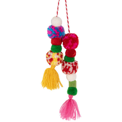 20" White Christmas Stocking with Multicolor Pom-Poms and Tassels