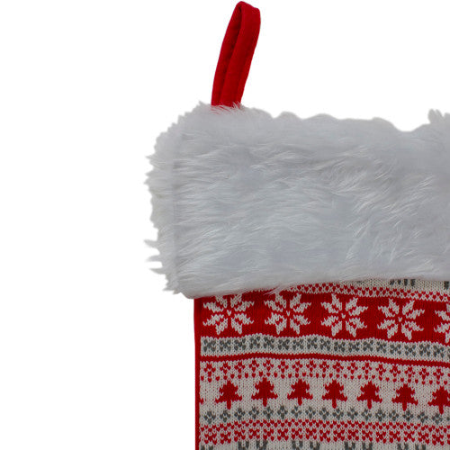 19" Red and White Deer and Snowflake Knit Christmas Stocking with Faux Fur Cuff