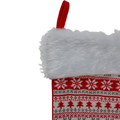 19" Red and White Deer and Snowflake Knit Christmas Stocking with Faux Fur Cuff