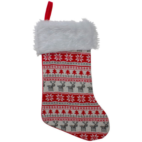 19" Red and White Deer and Snowflake Knit Christmas Stocking with Faux Fur Cuff
