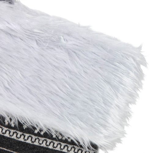 19" Gray and White Reindeer and Snowflake Knit Christmas Stocking with Faux Fur Cuff