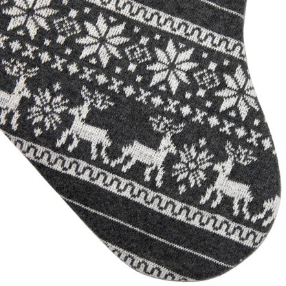 19" Gray and White Reindeer and Snowflake Knit Christmas Stocking with Faux Fur Cuff