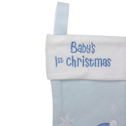 Baby's 1st Christmas Embroidered Teddy Bear Stocking - 19" - Blue and White