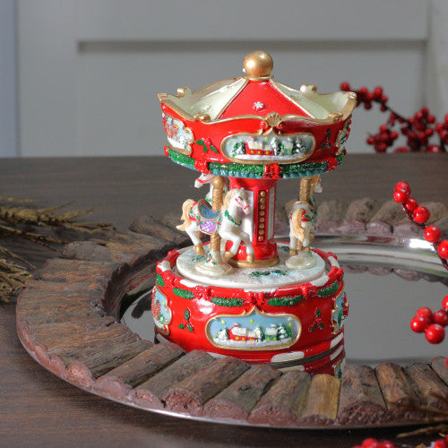 Winter Horses Animated Musical Christmas Carousel - 6.5" - Red and White