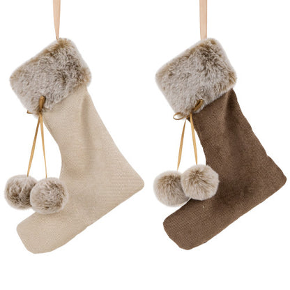 Plush Stockings Christmas Ornaments -  7.5" - Beige and Brown - Set of 2
