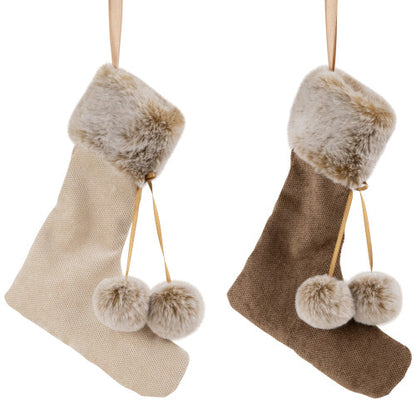 Plush Stockings Christmas Ornaments -  7.5" - Beige and Brown - Set of 2