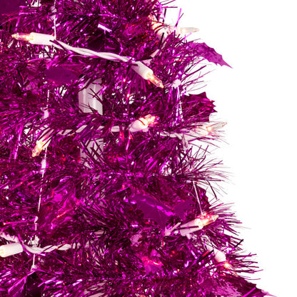 4' Pre-Lit Pink Tinsel Pop-Up Artificial Christmas Tree, Clear Lights