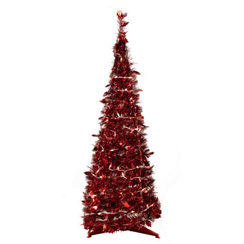 4' Pre-Lit Red Pop-Up Tinsel Christmas Tree, Clear Lights
