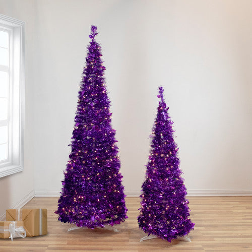 4' Pre-Lit Purple Tinsel Pop-Up Artificial Christmas Tree, Clear Lights