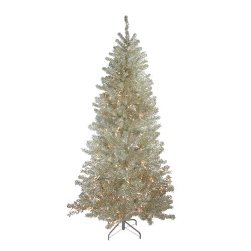Metallic Platinum Artificial Tinsel Christmas Tree - 7 ft Clear Lights