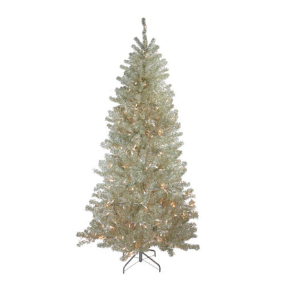 Metallic Platinum Artificial Tinsel Christmas Tree - 7 ft Clear Lights