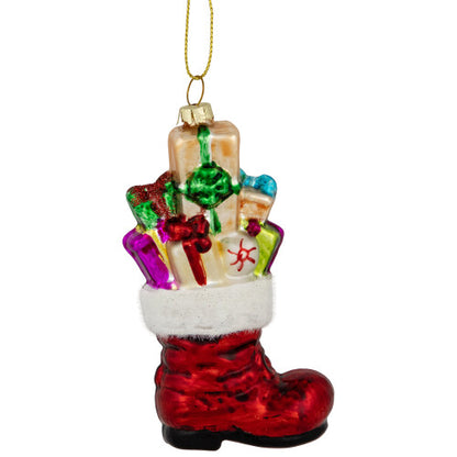 4.5" Shiny Red Present Filled Stocking Hanging Glass Christmas Ornament