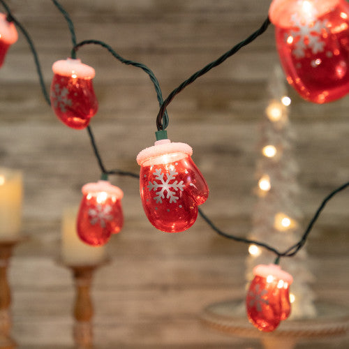 10 Count Red Snowflake Mitten Christmas Light Set, 7.5ft Green Wire