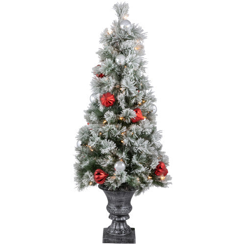 4’ Pre-Lit Potted Snowy Bristle Pine Flocked Artificial Christmas Tree, Clear Lights