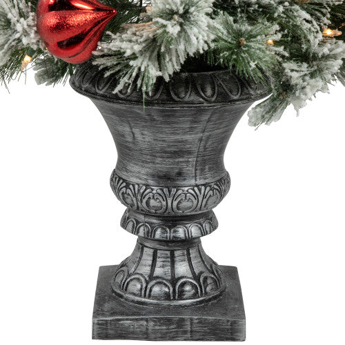 4’ Pre-Lit Potted Snowy Bristle Pine Flocked Artificial Christmas Tree, Clear Lights