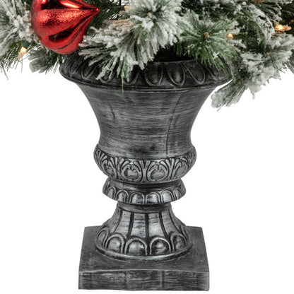 4’ Pre-Lit Potted Snowy Bristle Pine Flocked Artificial Christmas Tree, Clear Lights