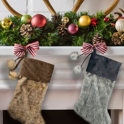 20.5" Brown Plush Christmas Stocking with Corduroy Cuff and Pom Poms
