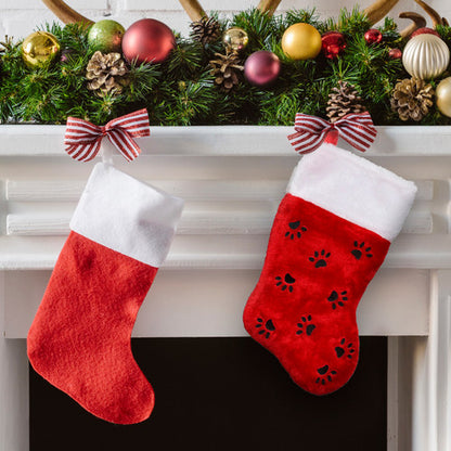 Traditional Christmas Stocking with Black Paw Prints  - 14"- Red and White