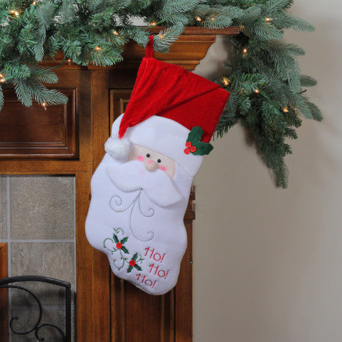 19.25" Red and White Embroidered Ho Ho Ho Santa Face Christmas Stocking