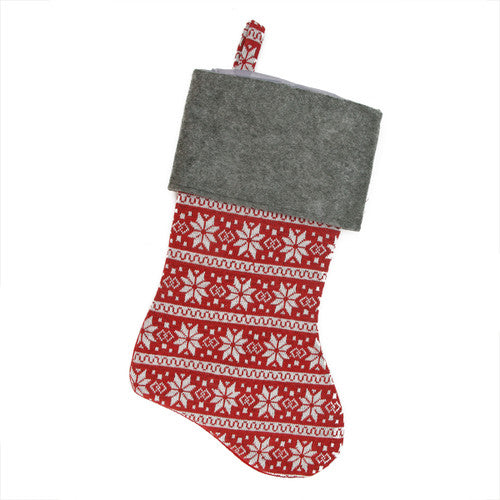 19" Festive Red, White and Grey Poinsettia Style Snowflake Motif Sweater Knit Christmas Stocking