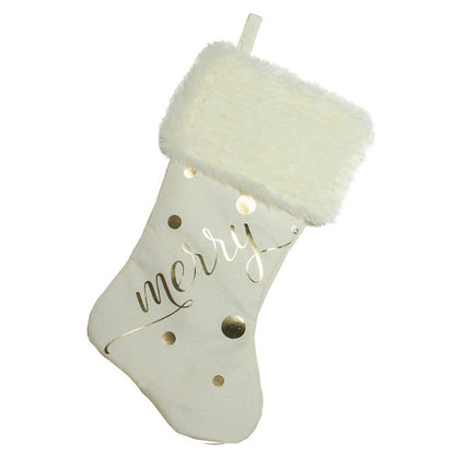 19" Ivory White Gold Foil "Merry" Christmas Stocking with White Faux Fur Cuff