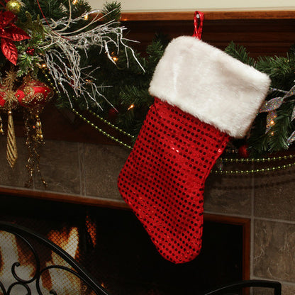 18" Red and White Cuffed Disco Sequined Christmas Stocking